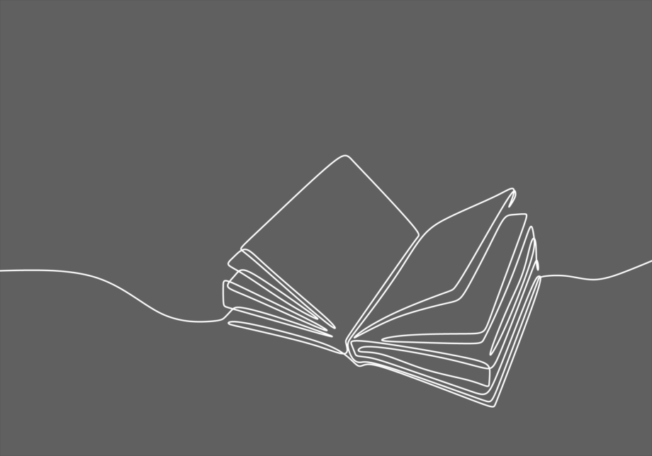 White line drawing on dark grey background depicting an open book. Title page for list of books, magazines & newsletter clients.