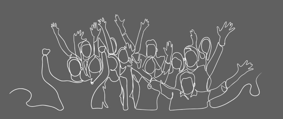 White line drawing on dark grey background depicting a crowd of people with their hands raised in excitement. Title page for list of sports and entertainment clients.