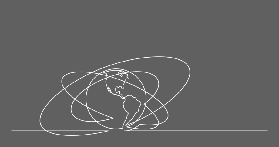 White line drawing on dark grey background depicting a globe surrounded by ovals. Title page for list of telecom and transportation clients.