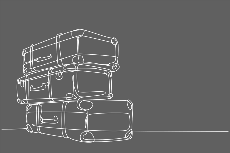 White line drawing on dark grey background depicting a a stack of three suitcases. Title page for list of travel and tourism clients.