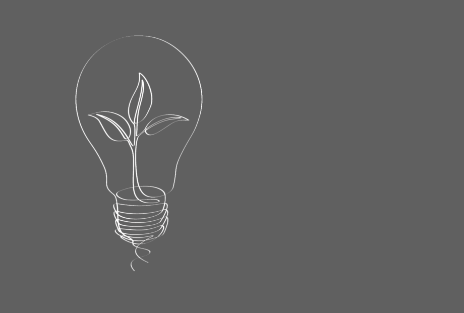 White line drawing on a dark grey background depicting a light bulb with a small plant inside. Title page for list of natural resources/utilities clients.