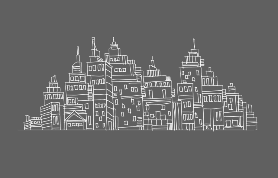 White line drawing on dark grey background depicting city buildings. Title page for list of real estate clients.